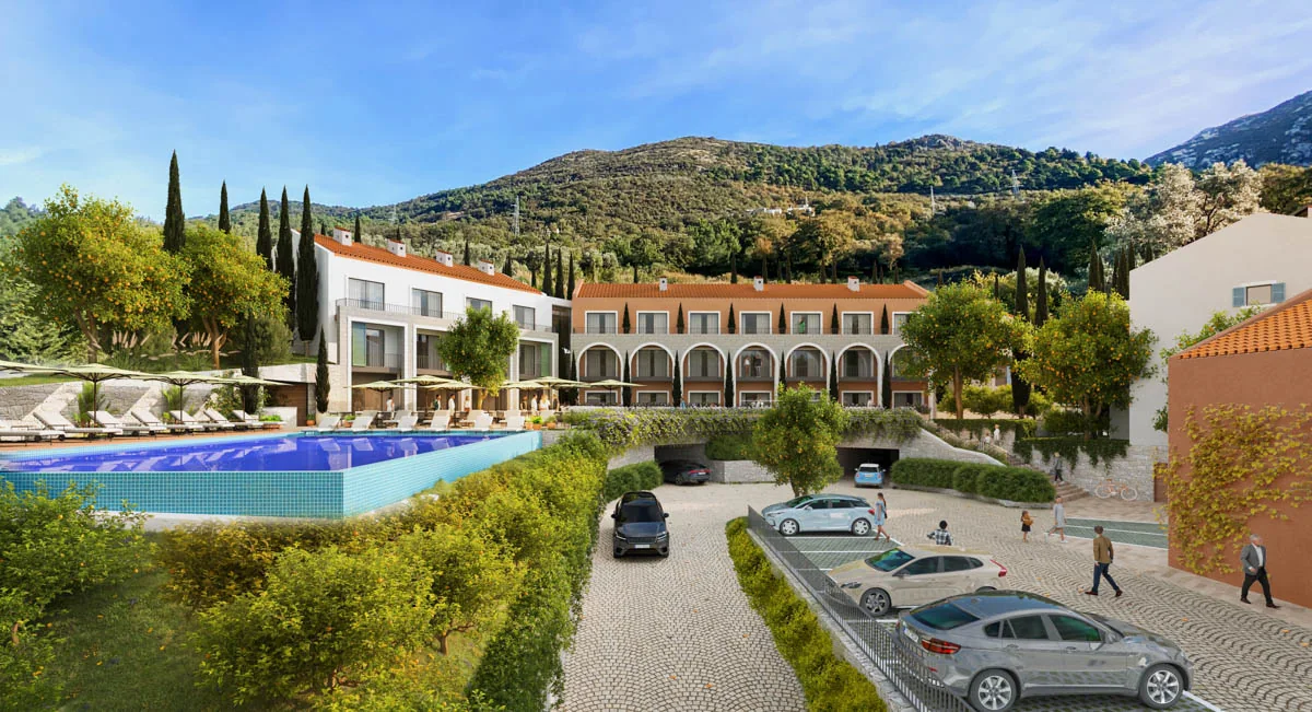 Architectural visualisation of the Royal Town Kotor pool terrace and buildings